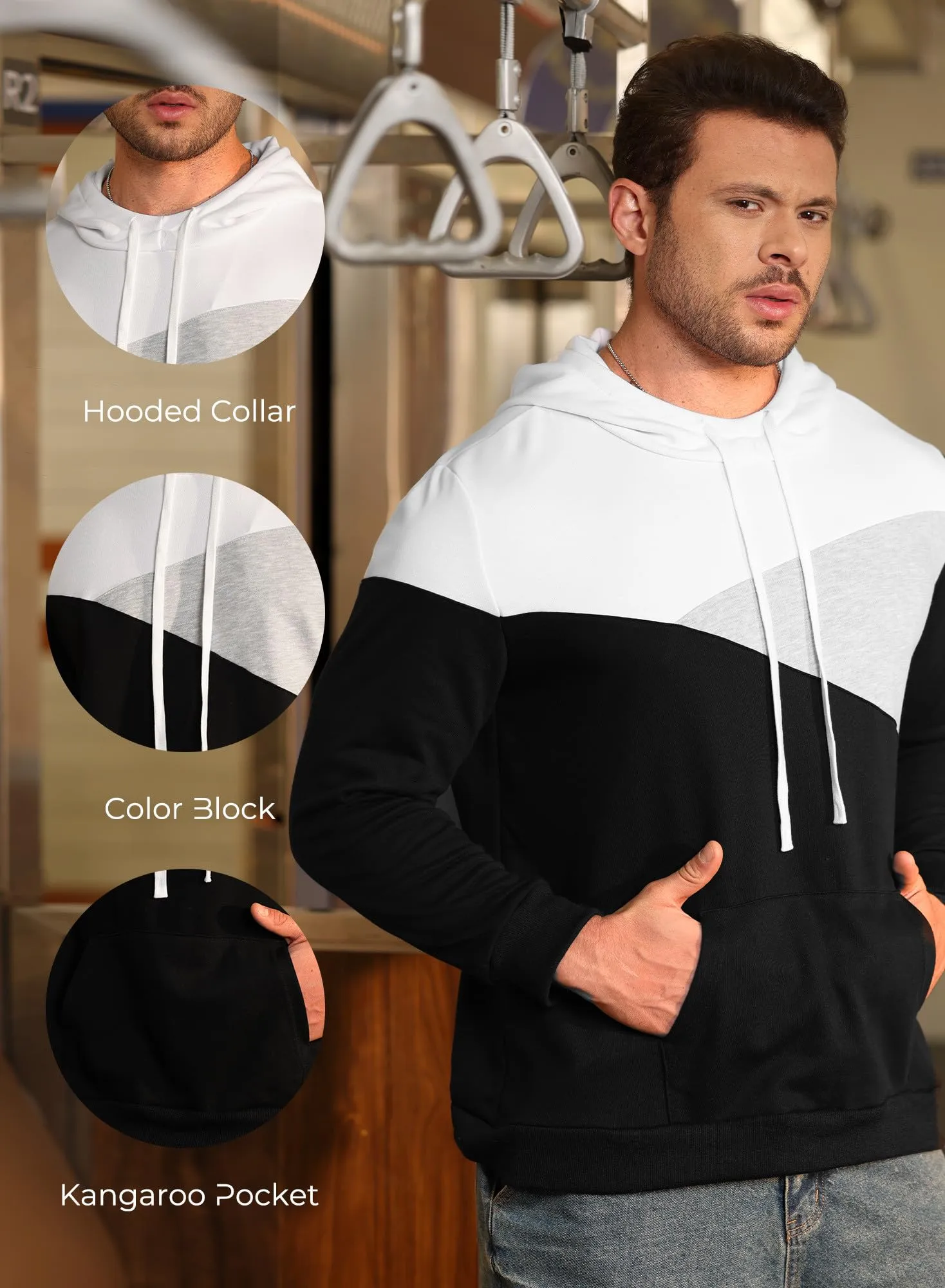 Mainfini Mens Contrast Color Hooded Color Block Hoodie Sport Colors Pullover Black M