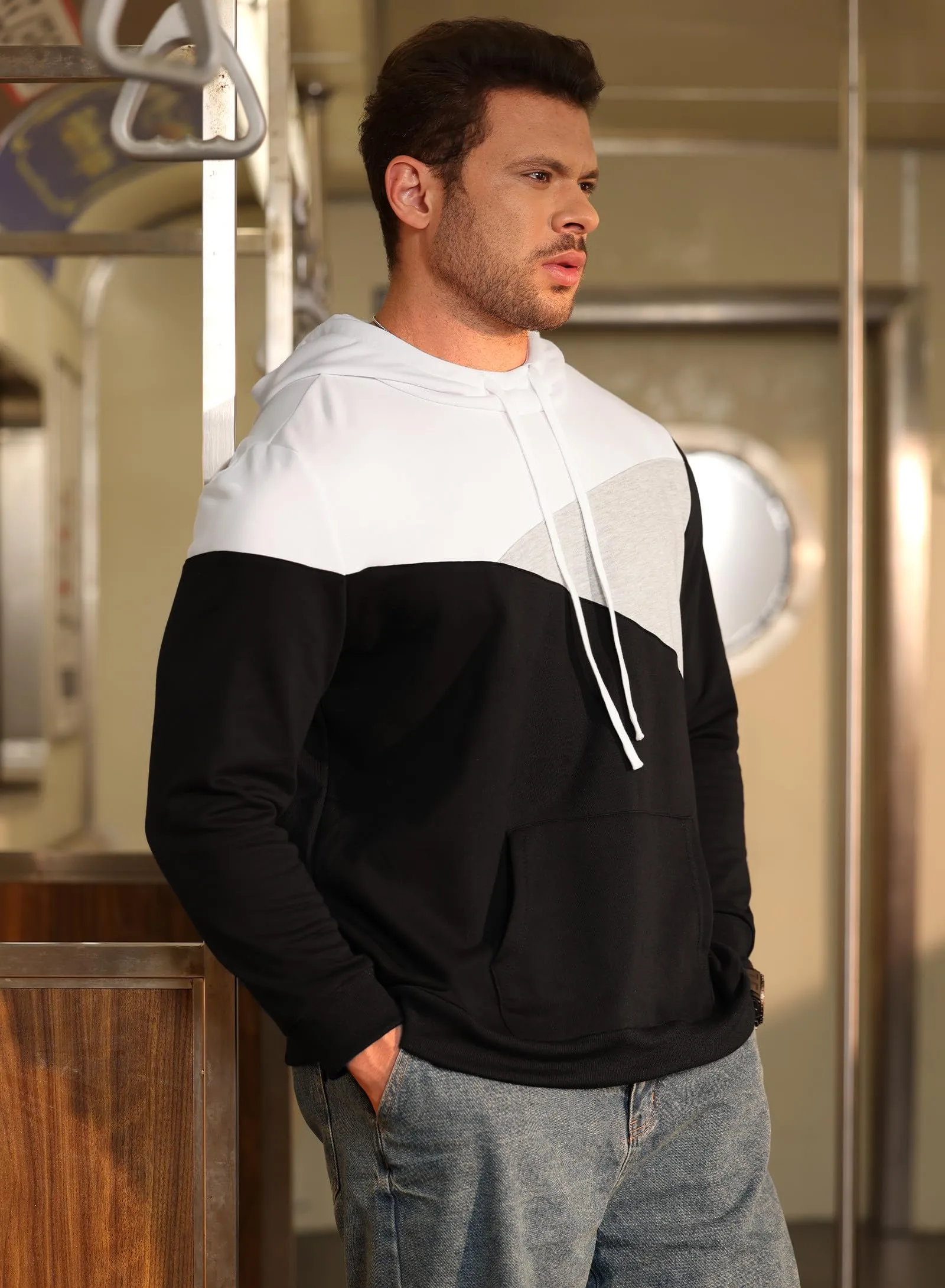 Mainfini Mens Contrast Color Hooded Color Block Hoodie Sport Colors Pullover Black M