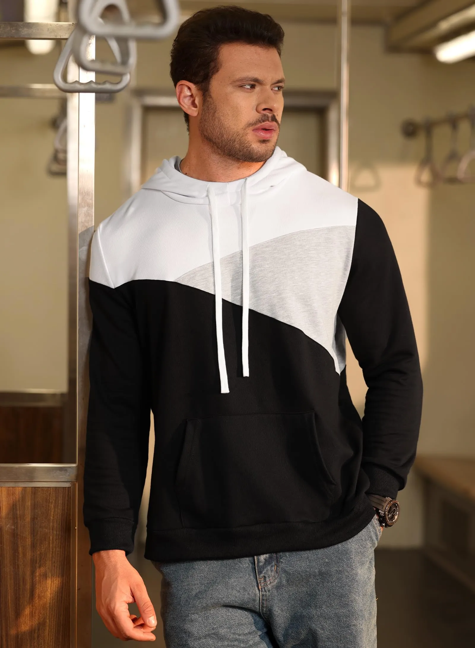 Mainfini Mens Contrast Color Hooded Color Block Hoodie Sport Colors Pullover Black M