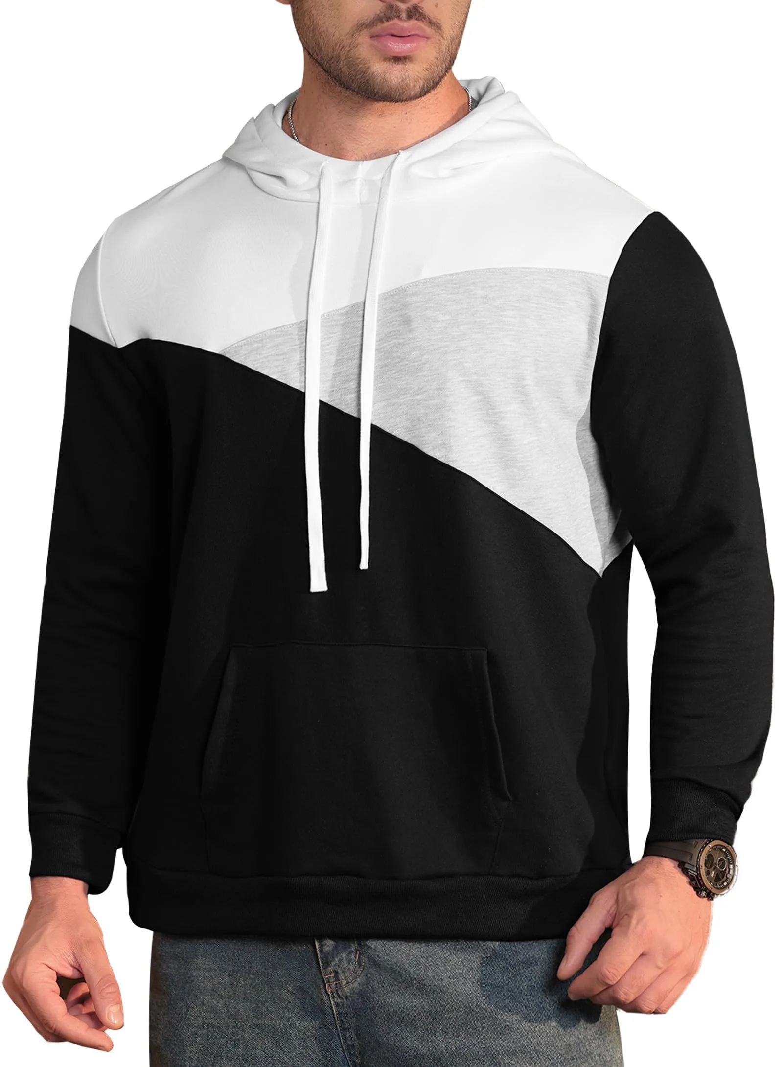 Mainfini Mens Contrast Color Hooded Color Block Hoodie Sport Colors Pullover Black M