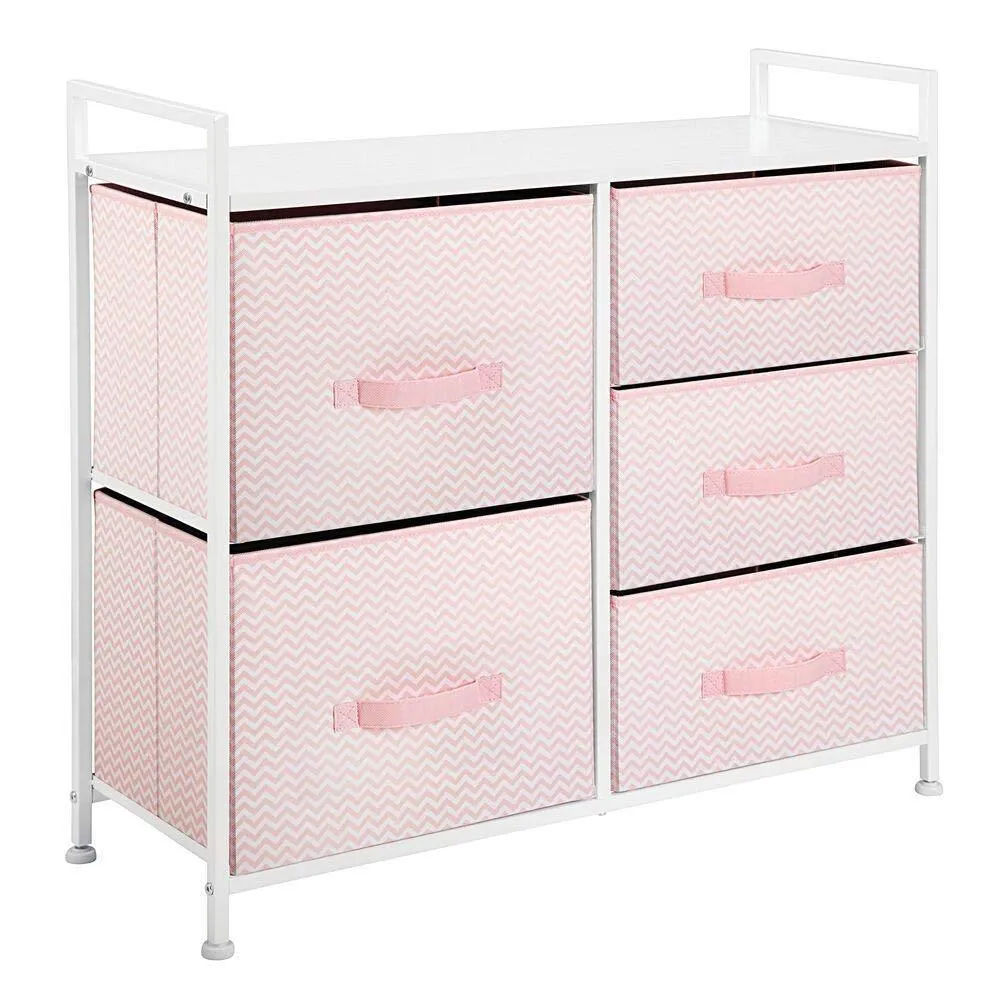 mDesign Wide Dresser Storage Tower Furniture - Metal Frame, Wood Top, Easy Pull Fabric Bins - Organizer for Kid's Bedroom, Hallway, Entryway, Closets, Dorm - Chevron Print, 5 Drawers - Pink/White