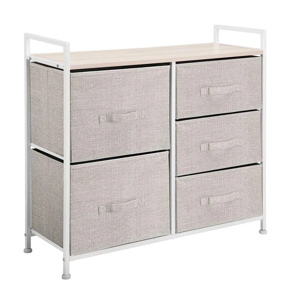mDesign Wide Dresser Storage Tower - Sturdy Steel Frame, Wood Top, Easy Pull Fabric Bins - Organizer Unit for Bedroom, Hallway, Entryway, Closets - Textured Print, 5 Drawers - Linen/Tan