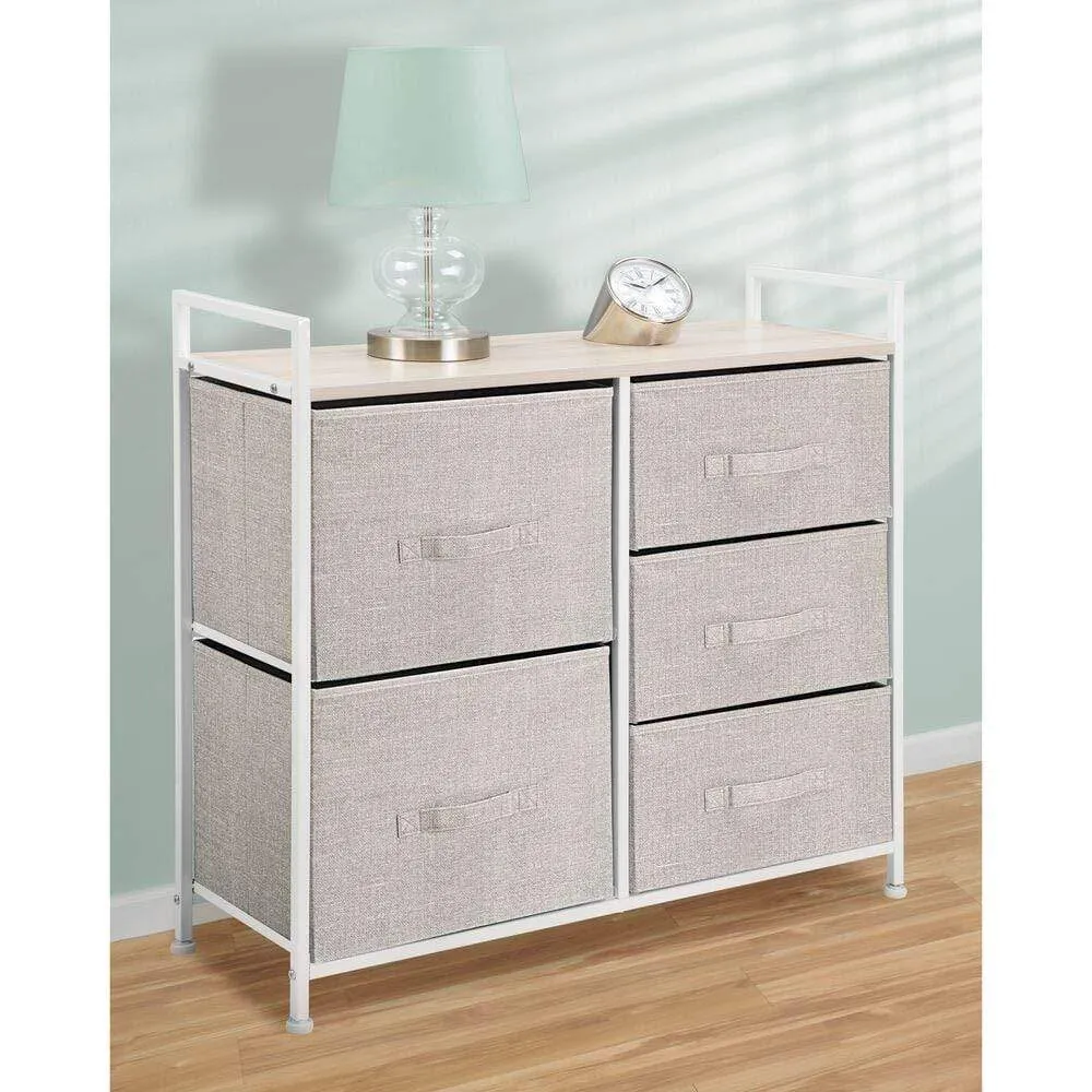 mDesign Wide Dresser Storage Tower - Sturdy Steel Frame, Wood Top, Easy Pull Fabric Bins - Organizer Unit for Bedroom, Hallway, Entryway, Closets - Textured Print, 5 Drawers - Linen/Tan