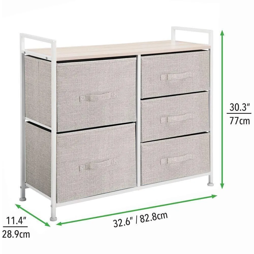 mDesign Wide Dresser Storage Tower - Sturdy Steel Frame, Wood Top, Easy Pull Fabric Bins - Organizer Unit for Bedroom, Hallway, Entryway, Closets - Textured Print, 5 Drawers - Linen/Tan