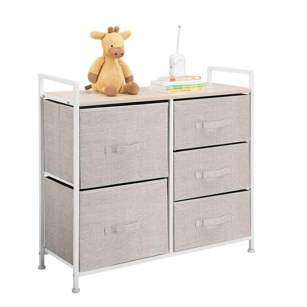 mDesign Wide Dresser Storage Tower - Sturdy Steel Frame, Wood Top, Easy Pull Fabric Bins - Organizer Unit for Bedroom, Hallway, Entryway, Closets - Textured Print, 5 Drawers - Linen/Tan