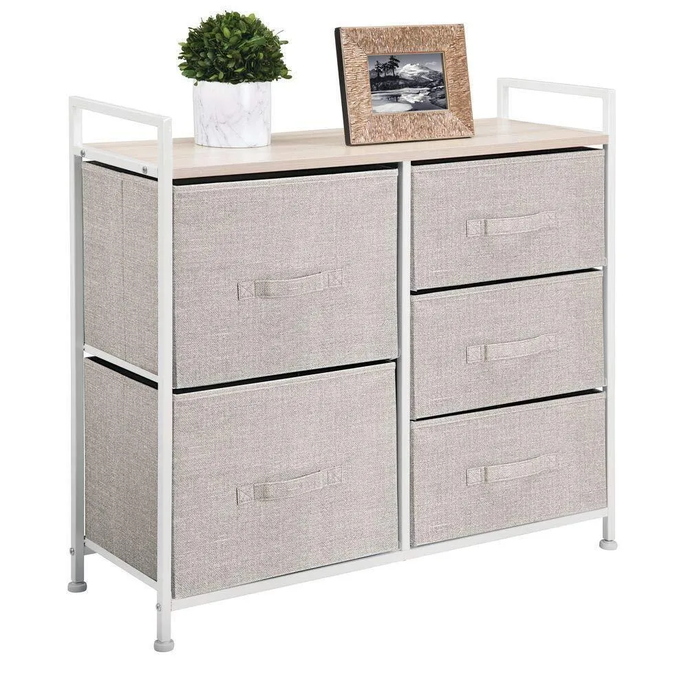 mDesign Wide Dresser Storage Tower - Sturdy Steel Frame, Wood Top, Easy Pull Fabric Bins - Organizer Unit for Bedroom, Hallway, Entryway, Closets - Textured Print, 5 Drawers - Linen/Tan