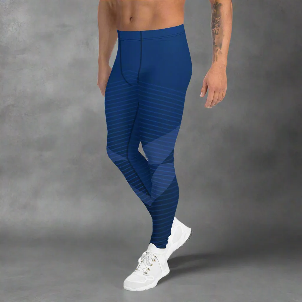 Navy Blue Graphic Printed Meggings, Abstract Designer Men's Leggings,, Designer Best Abstract Graphic Men's Leggings, Designer Running Compression Tights For Men - Made in USA/EU/MX
