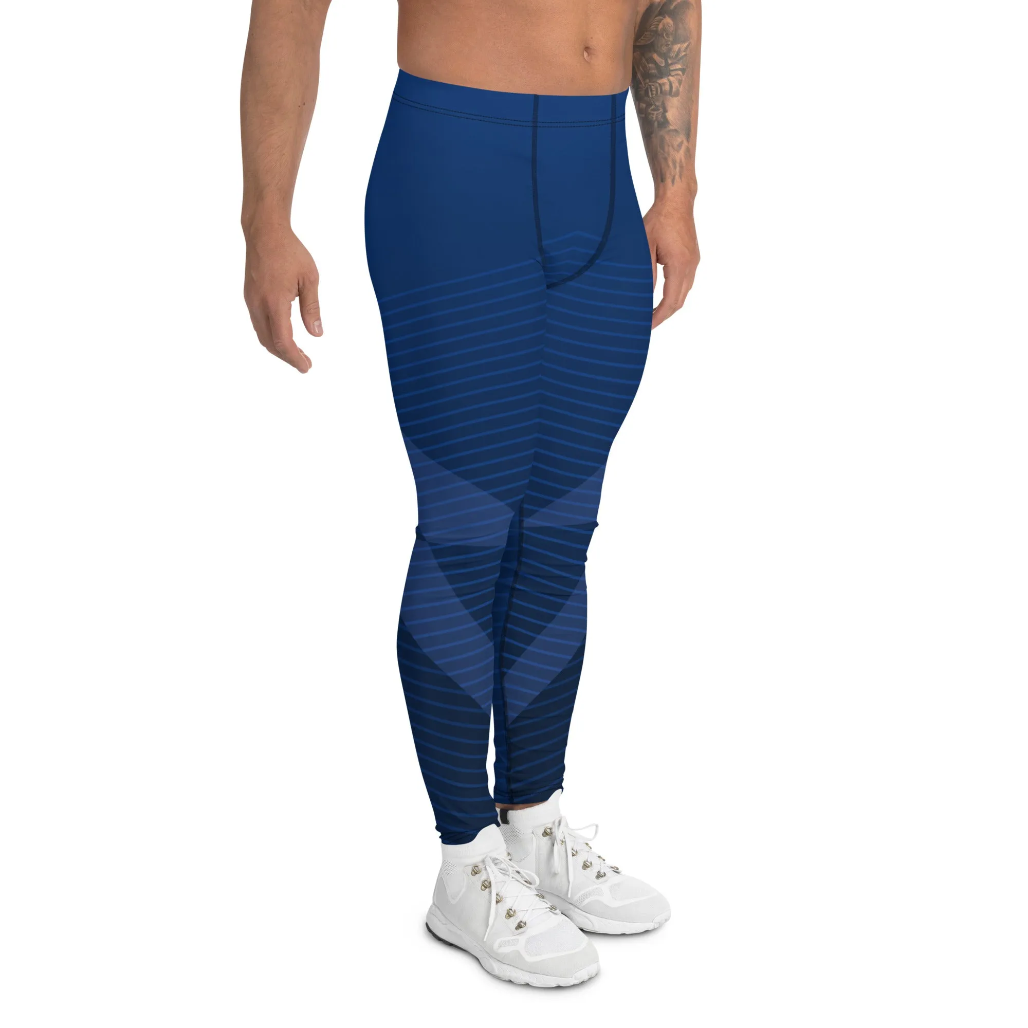 Navy Blue Graphic Printed Meggings, Abstract Designer Men's Leggings,, Designer Best Abstract Graphic Men's Leggings, Designer Running Compression Tights For Men - Made in USA/EU/MX