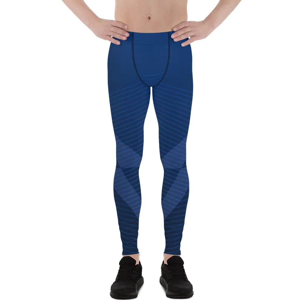 Navy Blue Graphic Printed Meggings, Abstract Designer Men's Leggings,, Designer Best Abstract Graphic Men's Leggings, Designer Running Compression Tights For Men - Made in USA/EU/MX