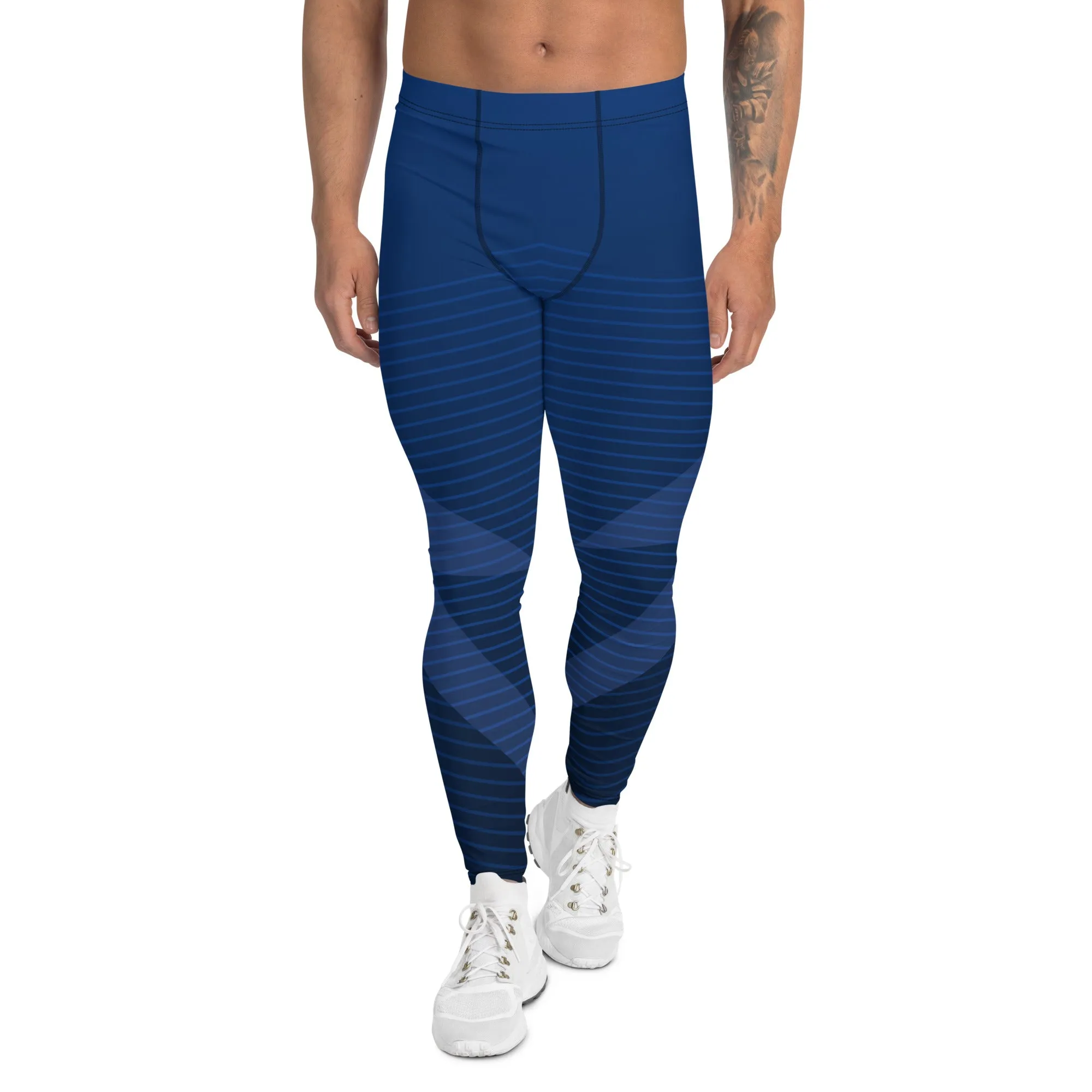 Navy Blue Graphic Printed Meggings, Abstract Designer Men's Leggings,, Designer Best Abstract Graphic Men's Leggings, Designer Running Compression Tights For Men - Made in USA/EU/MX