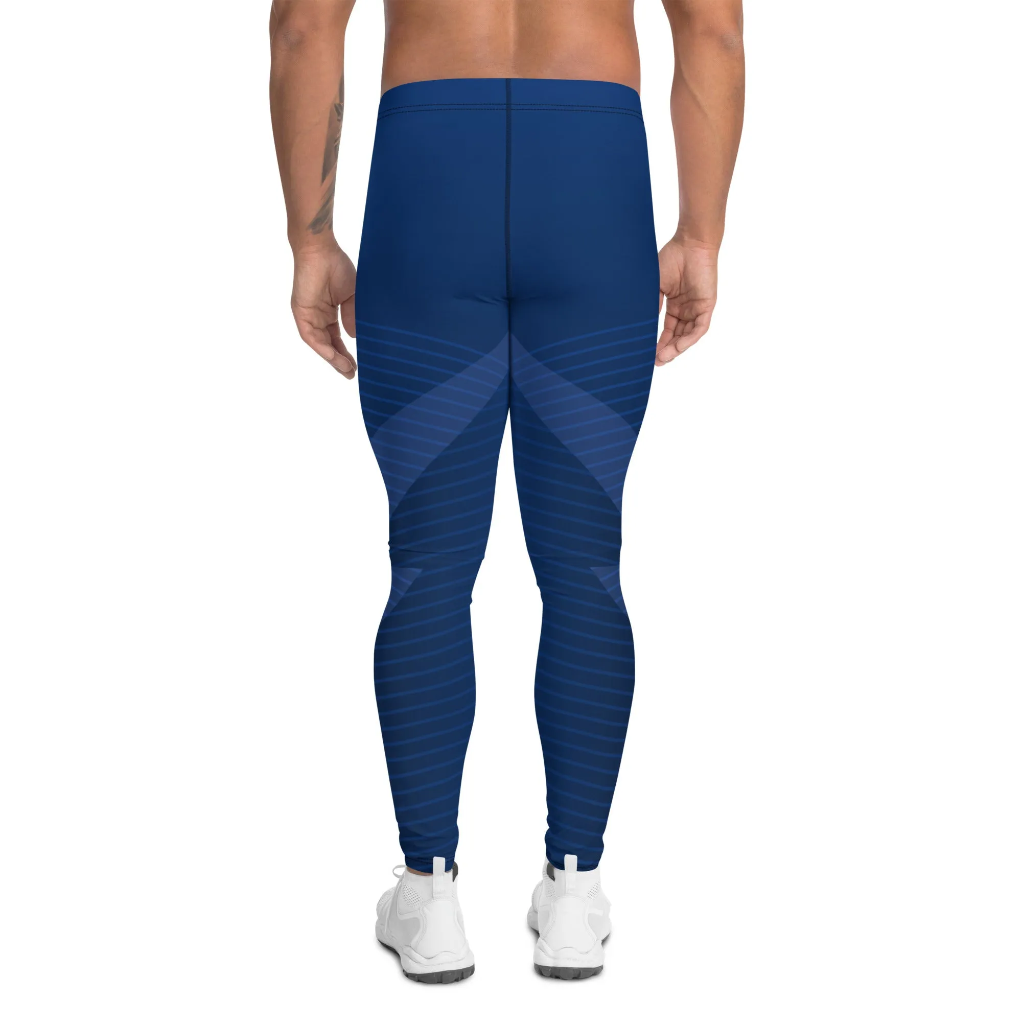 Navy Blue Graphic Printed Meggings, Abstract Designer Men's Leggings,, Designer Best Abstract Graphic Men's Leggings, Designer Running Compression Tights For Men - Made in USA/EU/MX