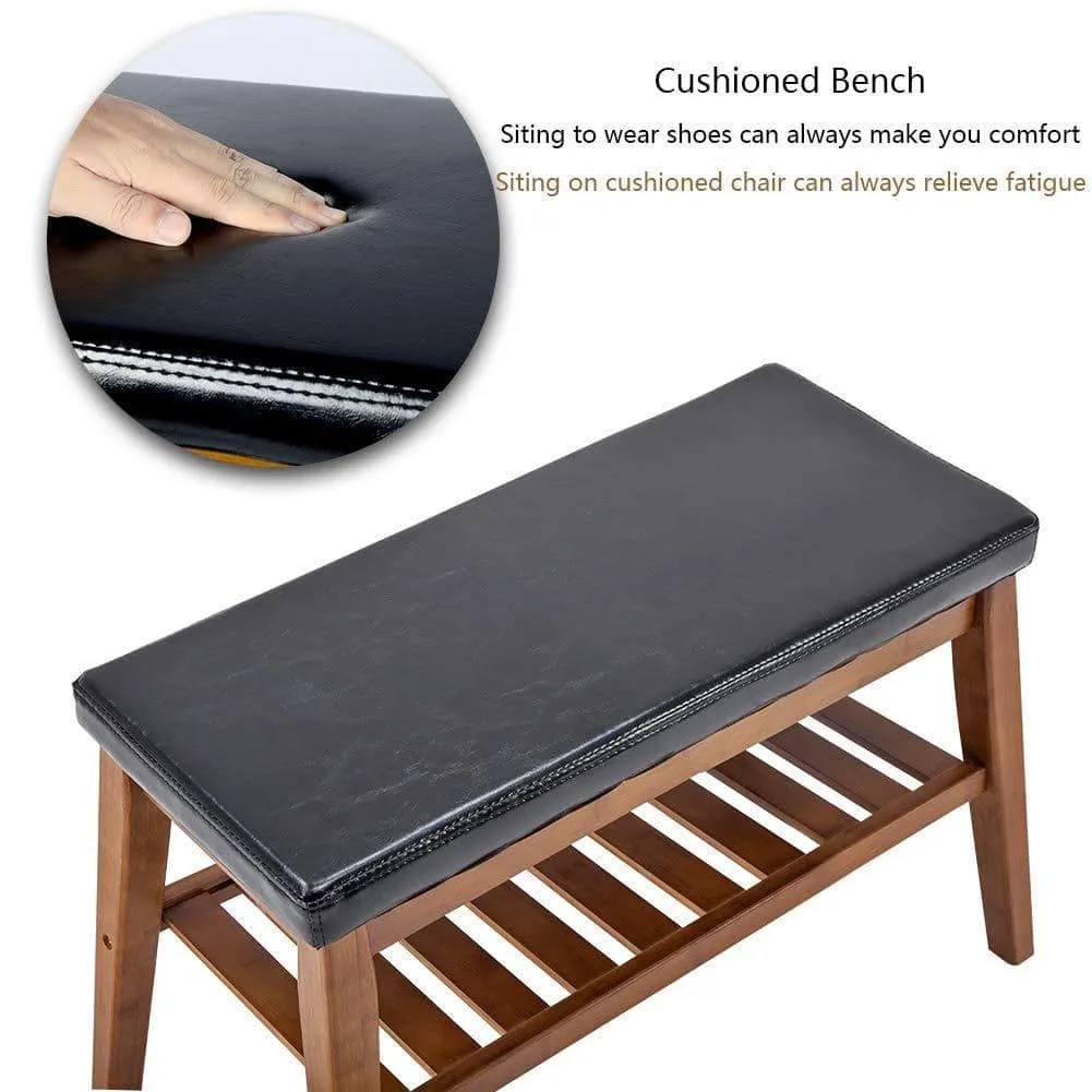 NNEWVANTE Shoe Bench Free Standing Organizing Rack Faux Leather Shoe Storage Racks Bamboo Seat for Closet Bedroom Kitchen Entry- 25.6in