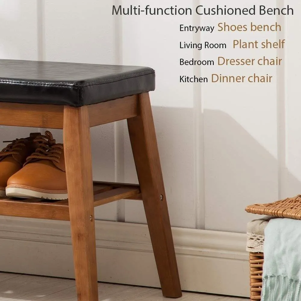 NNEWVANTE Shoe Bench Free Standing Organizing Rack Faux Leather Shoe Storage Racks Bamboo Seat for Closet Bedroom Kitchen Entry- 25.6in