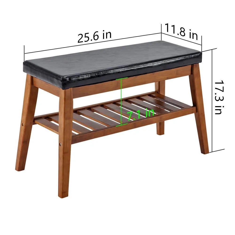NNEWVANTE Shoe Bench Free Standing Organizing Rack Faux Leather Shoe Storage Racks Bamboo Seat for Closet Bedroom Kitchen Entry- 25.6in