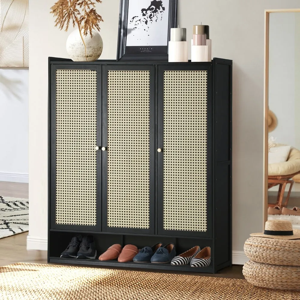 Oikiture Shoe Storage Cabinet 3 Doors Rattan Style