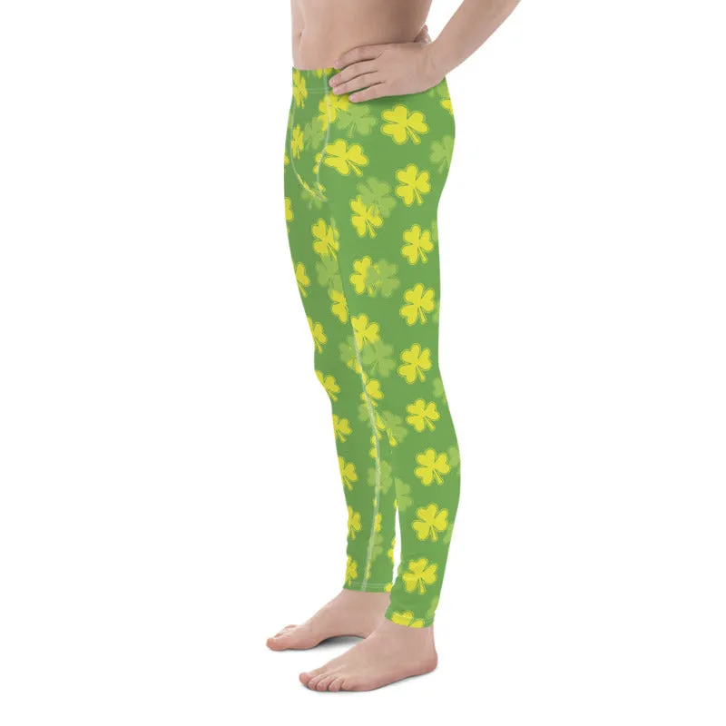 Pastel Green Clover Print St. Patrick's Day Men's Leggings Meggings - Made in USA/EU