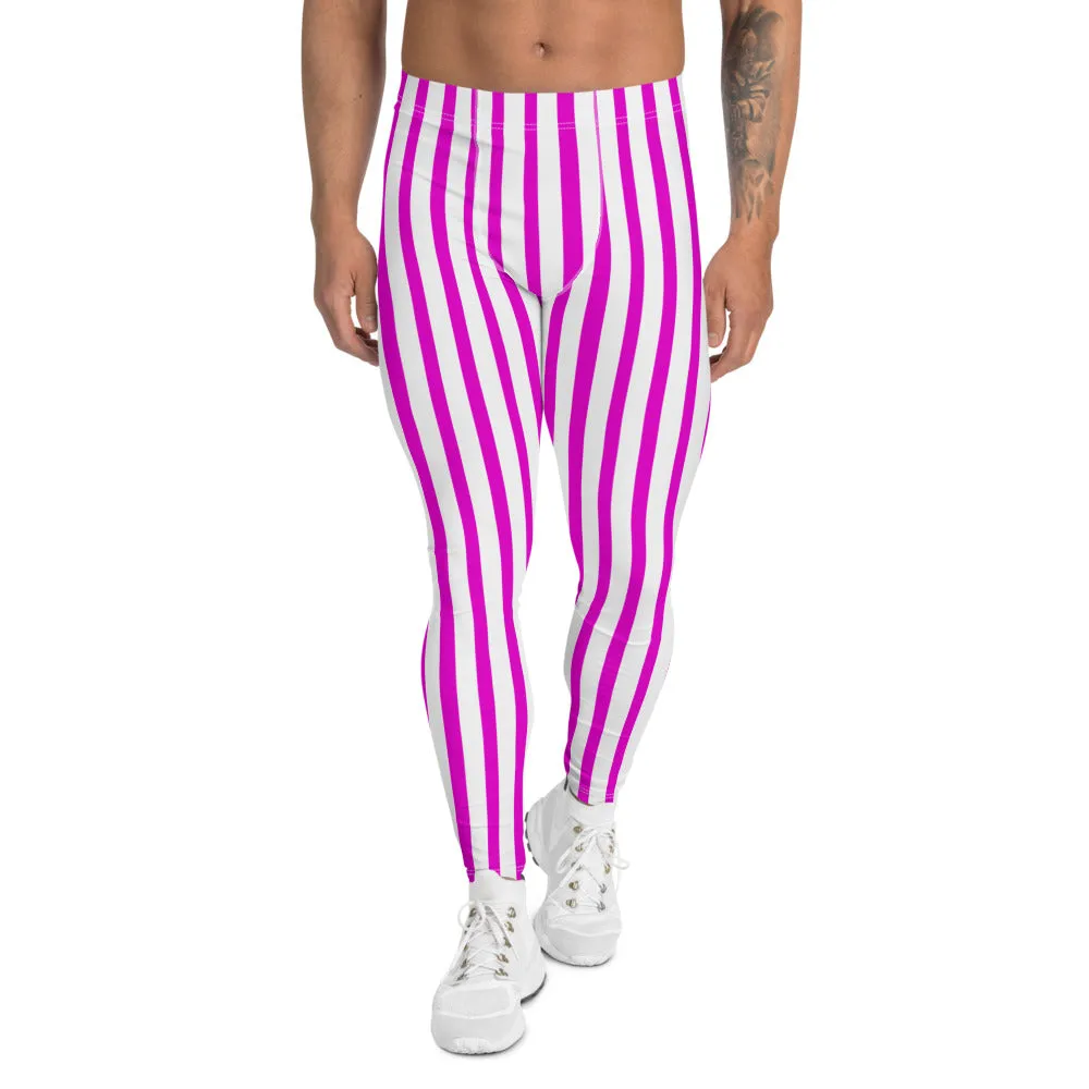 Pink White Striped Men's Leggings, Festival Colorful Best Circus Meggings Running Tights For Men -Made in USA/MX/EU