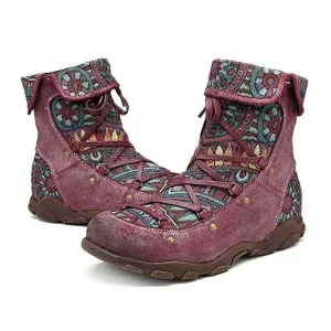 Plat Lace Up Print Suede Ankle Boots