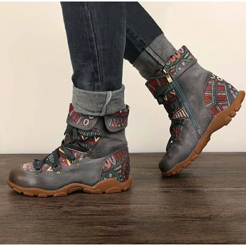 Plat Lace Up Print Suede Ankle Boots