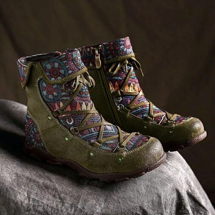 Plat Lace Up Print Suede Ankle Boots