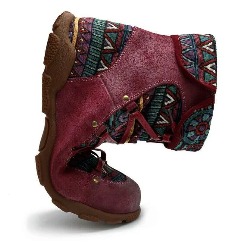 Plat Lace Up Print Suede Ankle Boots