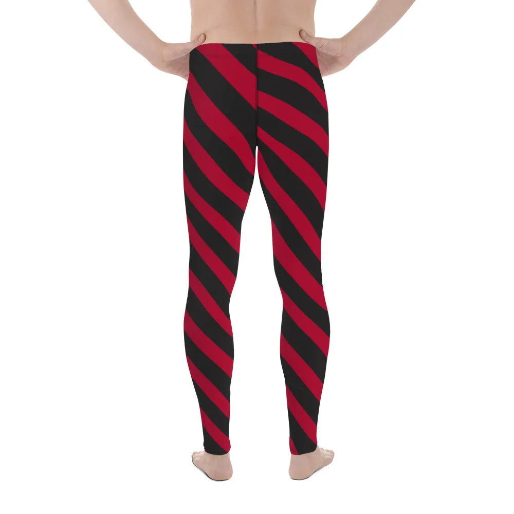 Red Black Diagonal Striped Meggings, Best Festival Men's Leggings Running Compression Tights For Men - Made in USA/EU/MX