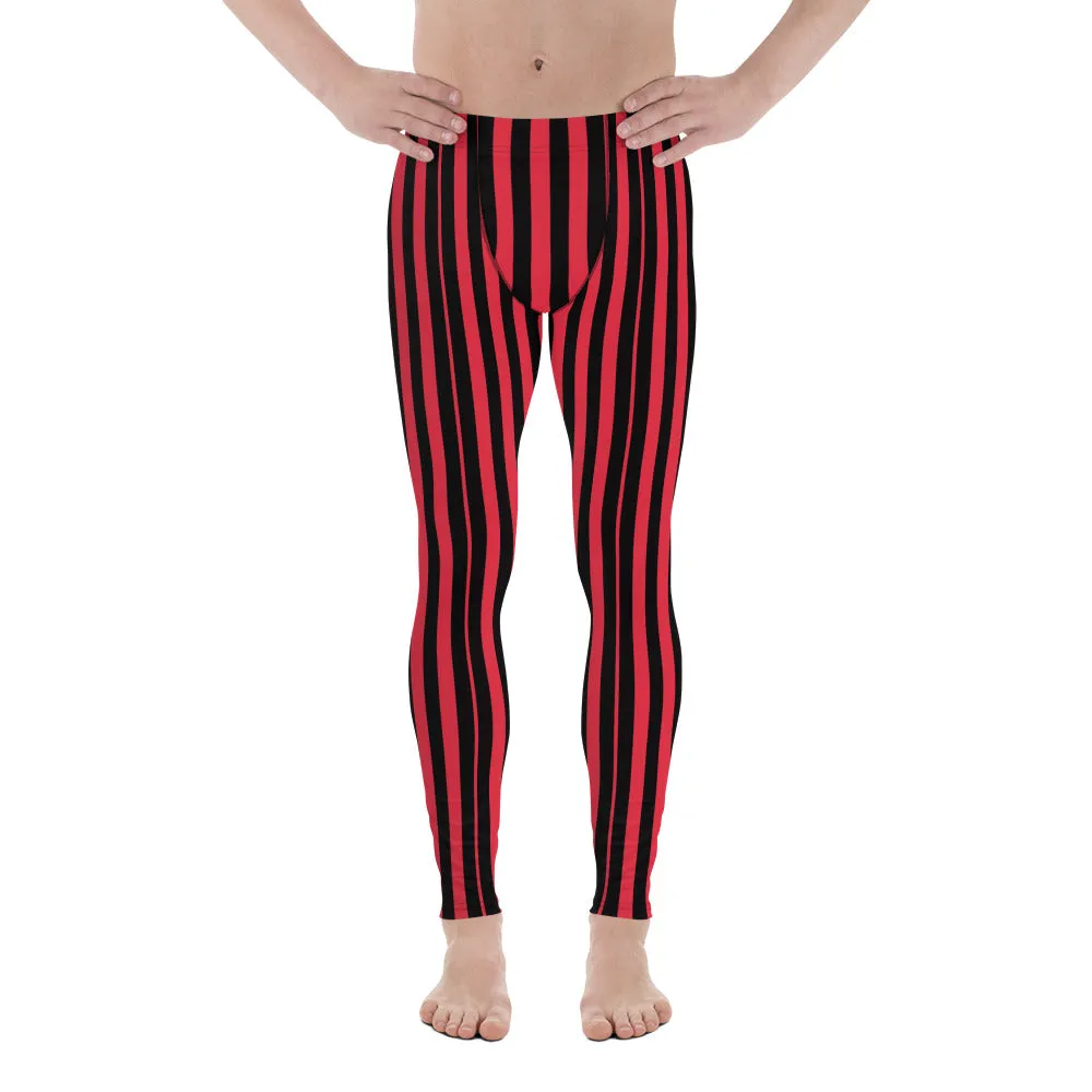 Red Black Striped Print Men's Leggings, Modern Best Festive Stripe Circus Meggings-Made in USA/EU/MX