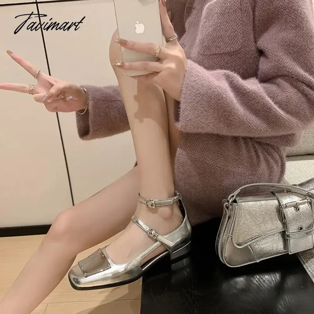 Tavimart Hollow out silver Mary Jane shoes with square toe, thick heels, shallow cut, one line buckle, single shoe