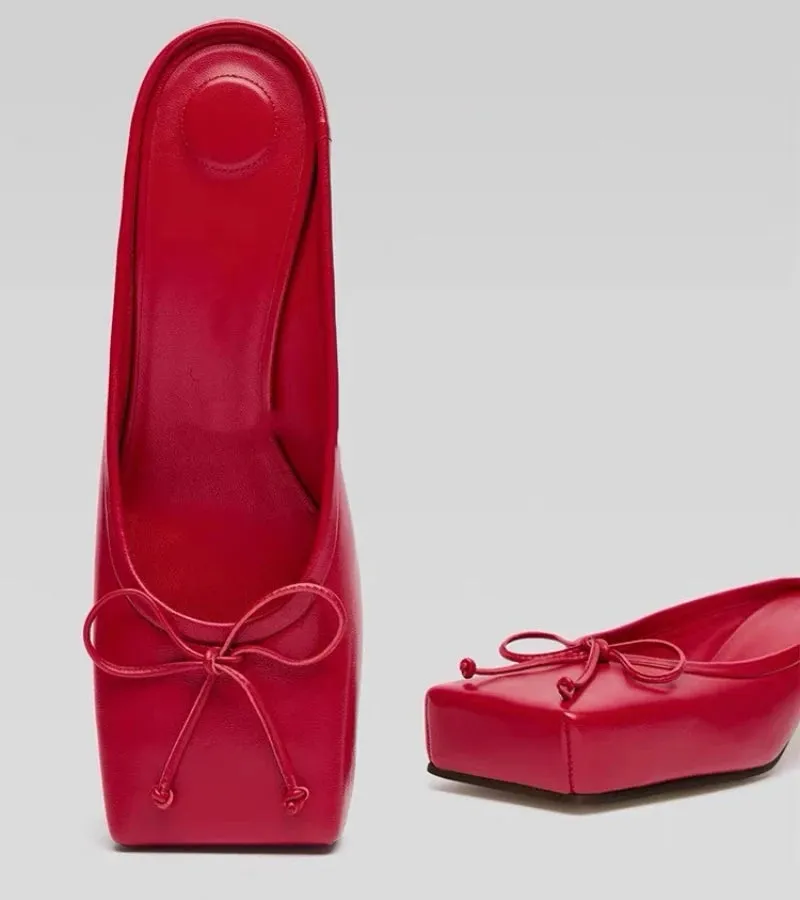 Uniwim Designer Mule Pumps Women Slippers Bow Square Toe Party Dress Shoes Women Red Elegant Sexy Luxury High Heels Sandals Women