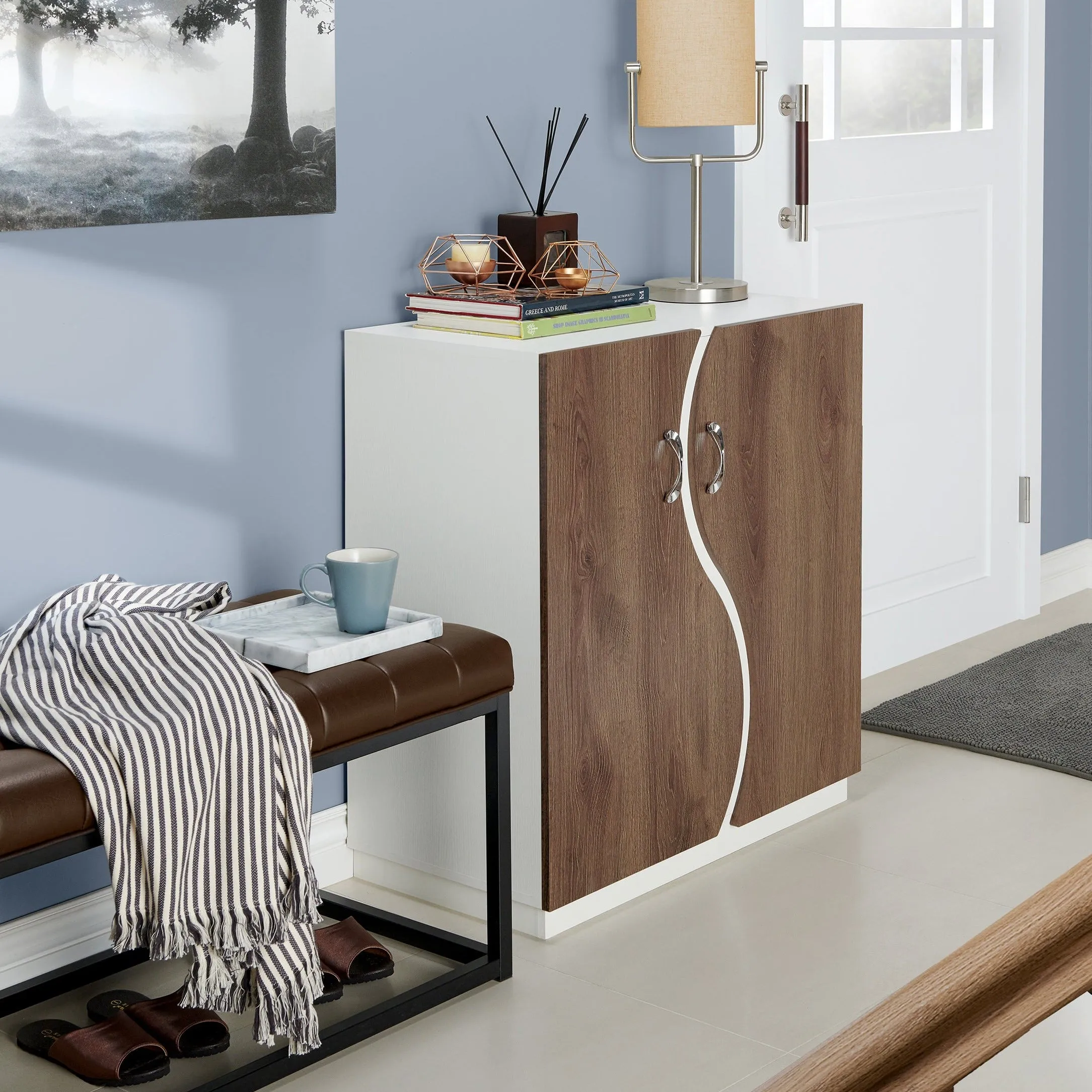 Wesgall Modern White and Distressed Walnut 8-shelf Shoe Cabinet