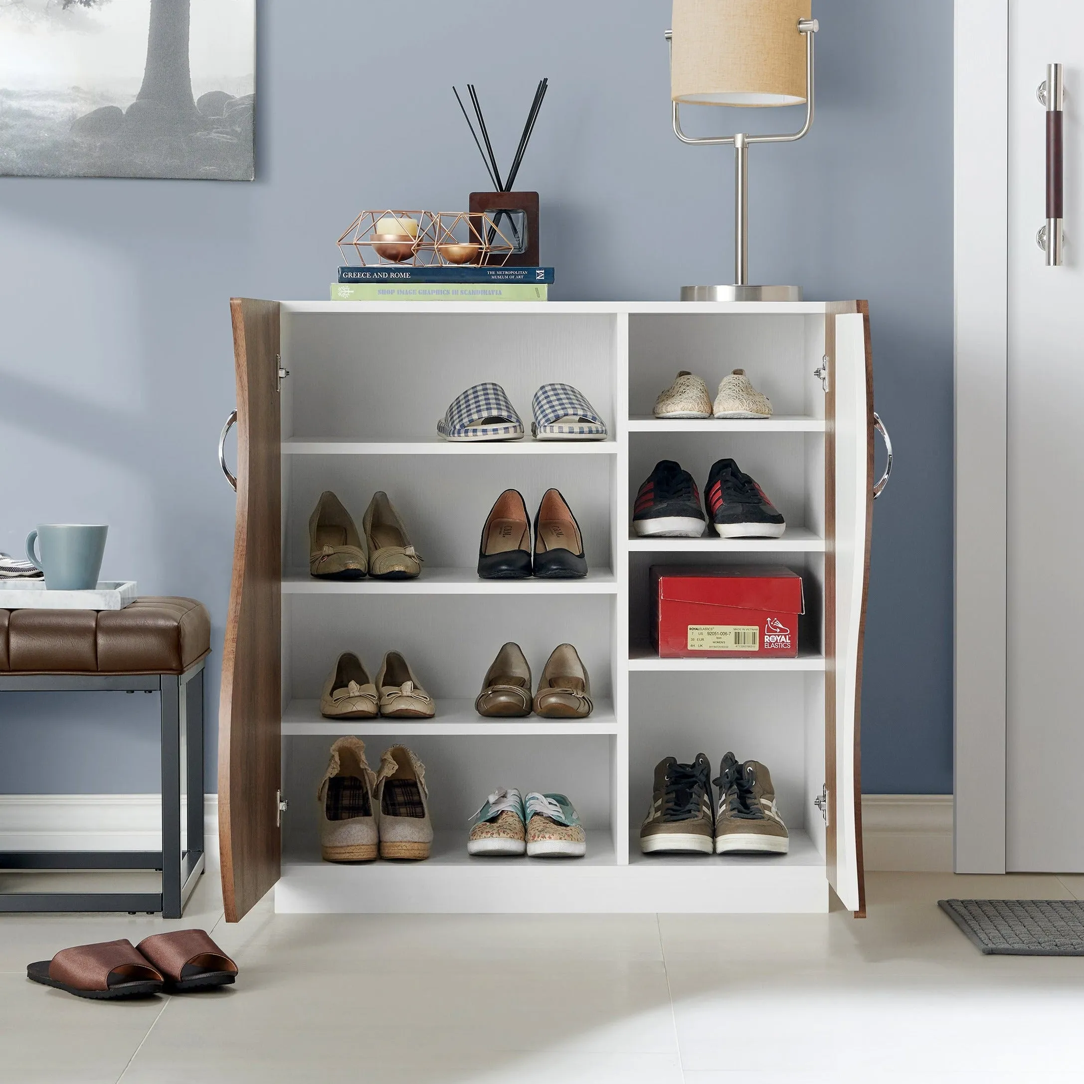 Wesgall Modern White and Distressed Walnut 8-shelf Shoe Cabinet
