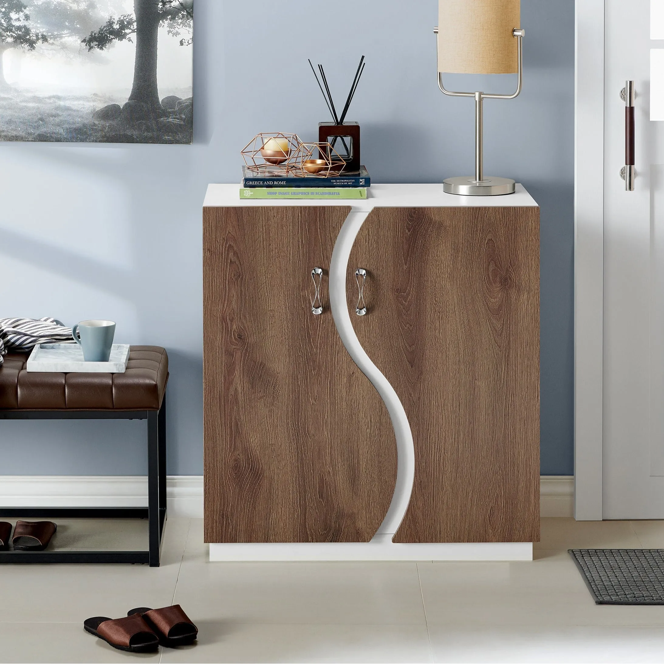 Wesgall Modern White and Distressed Walnut 8-shelf Shoe Cabinet
