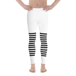 White Black Horizontal Striped Meggings, Best Horizontally Striped Men's Leggings For Men - Made in USA/EU/MX