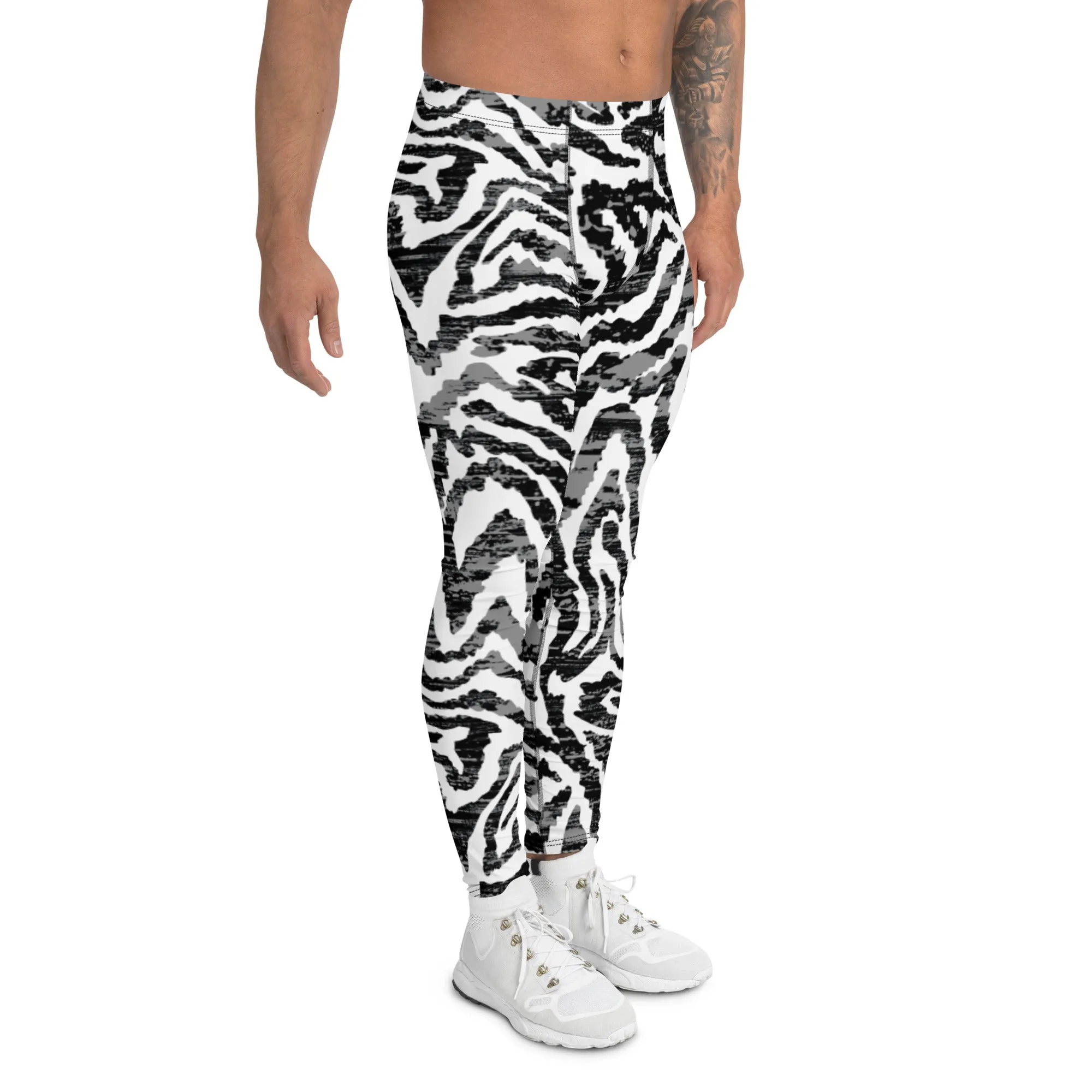 Zebra Animal Print Men's Leggings, Zebra Striped Print Designer Running Compression Tights For Men - Made in USA/EU/MX